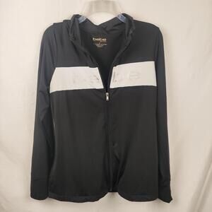 Bebe Sport Jacket Womens Large Black White Hooded Full Zip Track Logo Colorblock